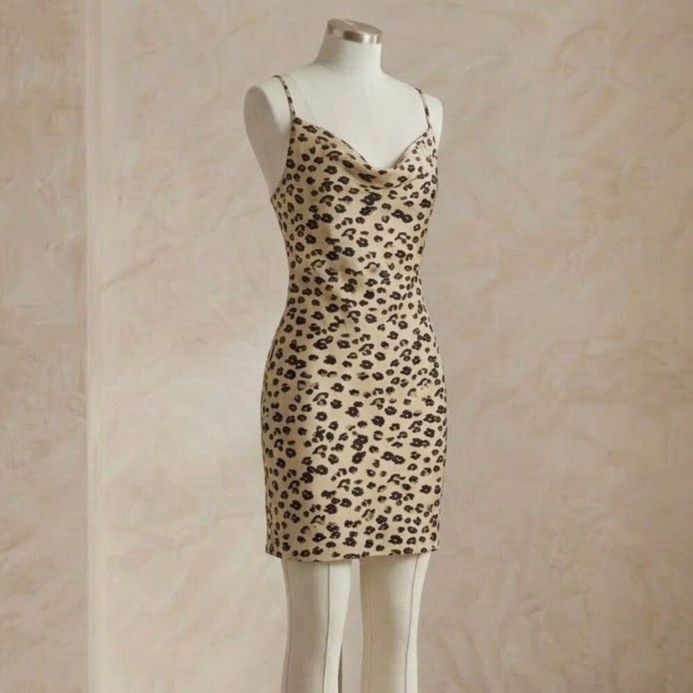 Love Tree Women's Small Leopard Animal Print Cowl Neck Mini Dress Sleeveless